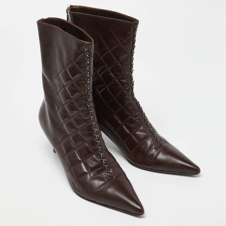 Pre Owned Chanel Brown Quilted Leather Chain Detail Pointed Toe Ankle Boots Size 40