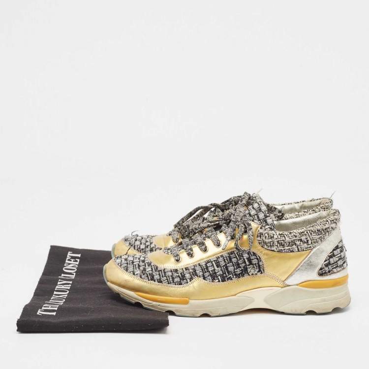 Pre Owned Chanel Multicolor Tweed and Leather Interlocking Sneakers Size 38