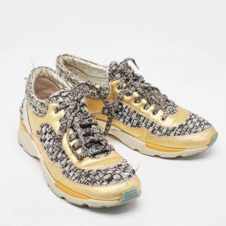 Pre Owned Chanel Multicolor Tweed and Leather Interlocking Sneakers Size 38