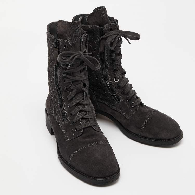 Pre Owned Chanel Dark Grey Quilted Suede CC Ankle Boots Size 39.5 