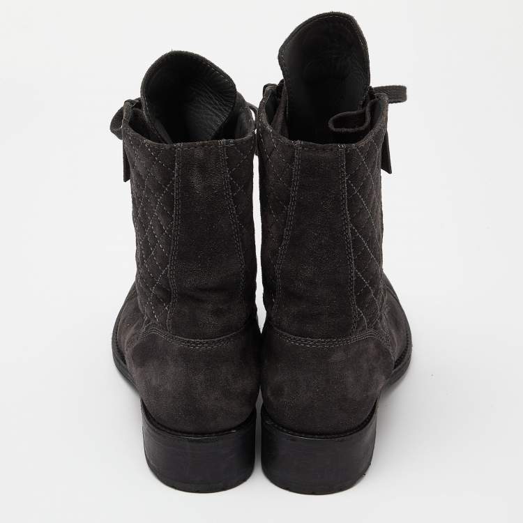 Pre Owned Chanel Dark Grey Quilted Suede CC Ankle Boots Size 39.5 