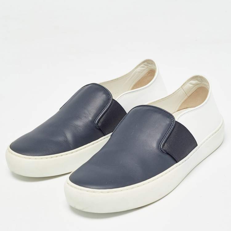 Pre Owned Chanel Blue/White Leather CC Slip On Sneakers Size 35