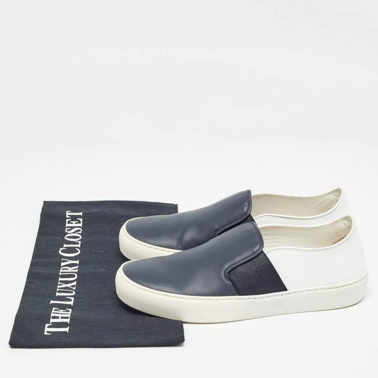 Pre Owned Chanel Blue/White Leather CC Slip On Sneakers Size 35