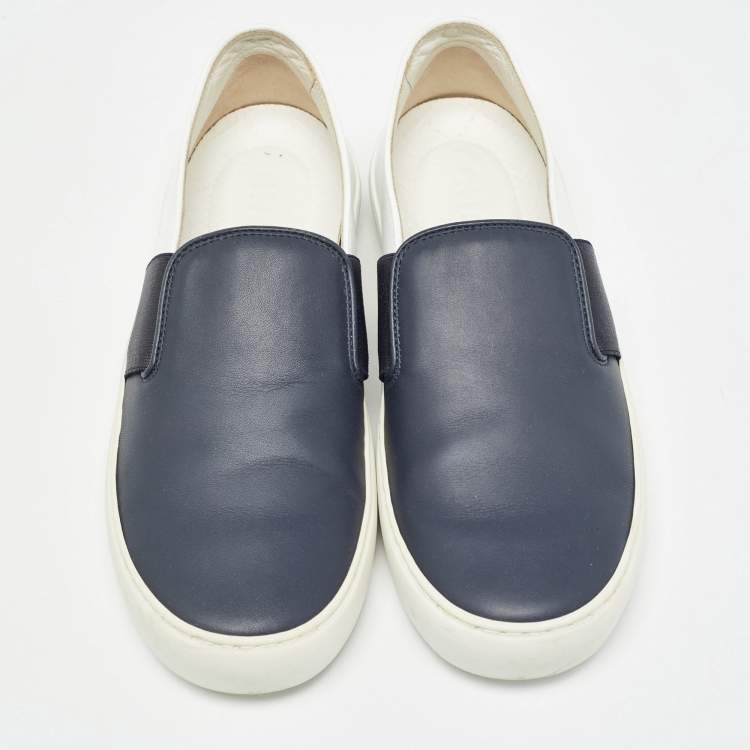 Pre Owned Chanel Blue/White Leather CC Slip On Sneakers Size 35