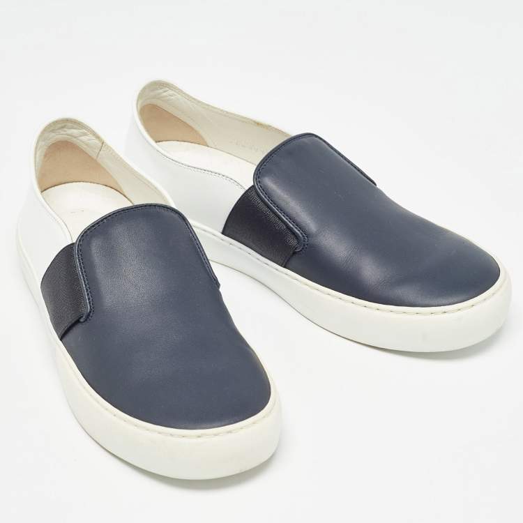 Pre Owned Chanel Blue/White Leather CC Slip On Sneakers Size 35