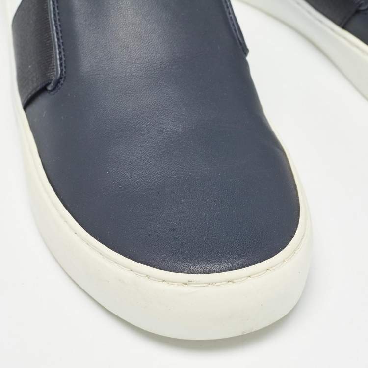 Pre Owned Chanel Blue/White Leather CC Slip On Sneakers Size 35