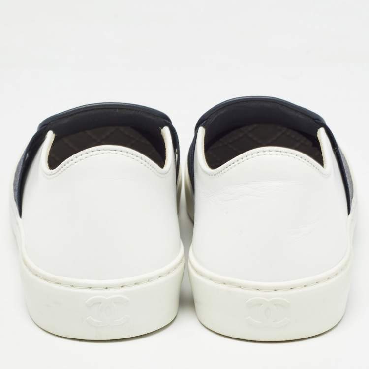 Pre Owned Chanel Blue/White Leather CC Slip On Sneakers Size 35