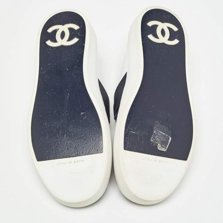 Pre Owned Chanel Blue/White Leather CC Slip On Sneakers Size 35