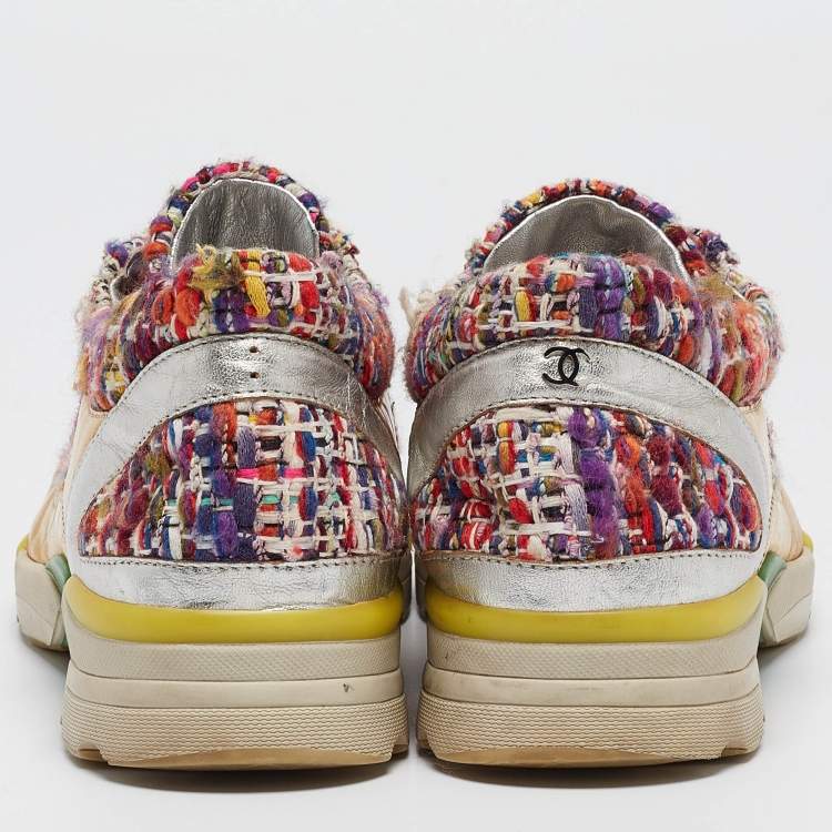 Pre Owned Chanel Multicolor Tweed and Leather CC Low Top Sneakers Size 36