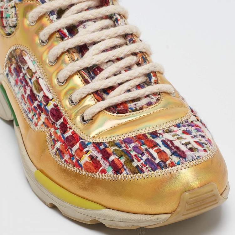 Pre Owned Chanel Multicolor Tweed and Leather CC Low Top Sneakers Size 36