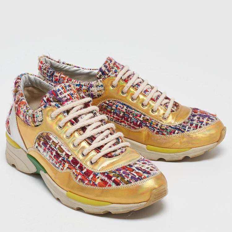 Pre Owned Chanel Multicolor Tweed and Leather CC Low Top Sneakers Size 36