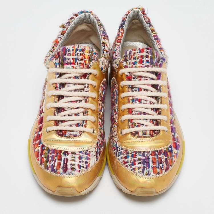 Pre Owned Chanel Multicolor Tweed and Leather CC Low Top Sneakers Size 36