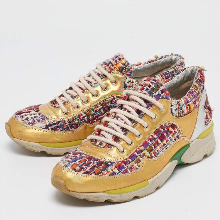 Pre Owned Chanel Multicolor Tweed and Leather CC Low Top Sneakers Size 36