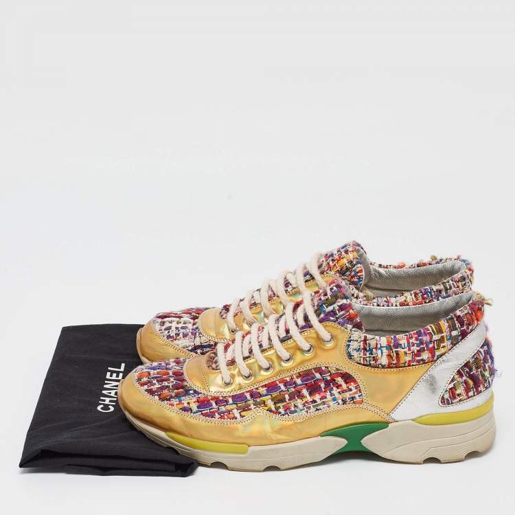 Pre Owned Chanel Multicolor Tweed and Leather CC Low Top Sneakers Size 36