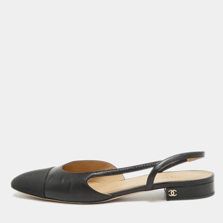 Pre Owned Chanel Black Leather and Grosgrain Cap Toe Slingback Flats Size 40.5