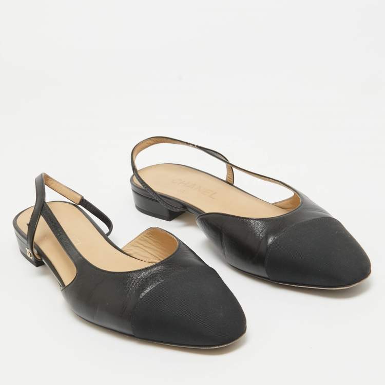 Pre Owned Chanel Black Leather and Grosgrain Cap Toe Slingback Flats Size 40.5