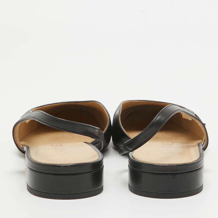 Pre Owned Chanel Black Leather and Grosgrain Cap Toe Slingback Flats Size 40.5