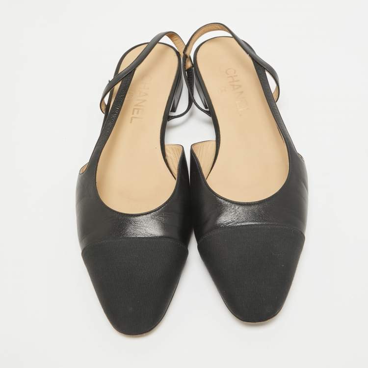 Pre Owned Chanel Black Leather and Grosgrain Cap Toe Slingback Flats Size 40.5