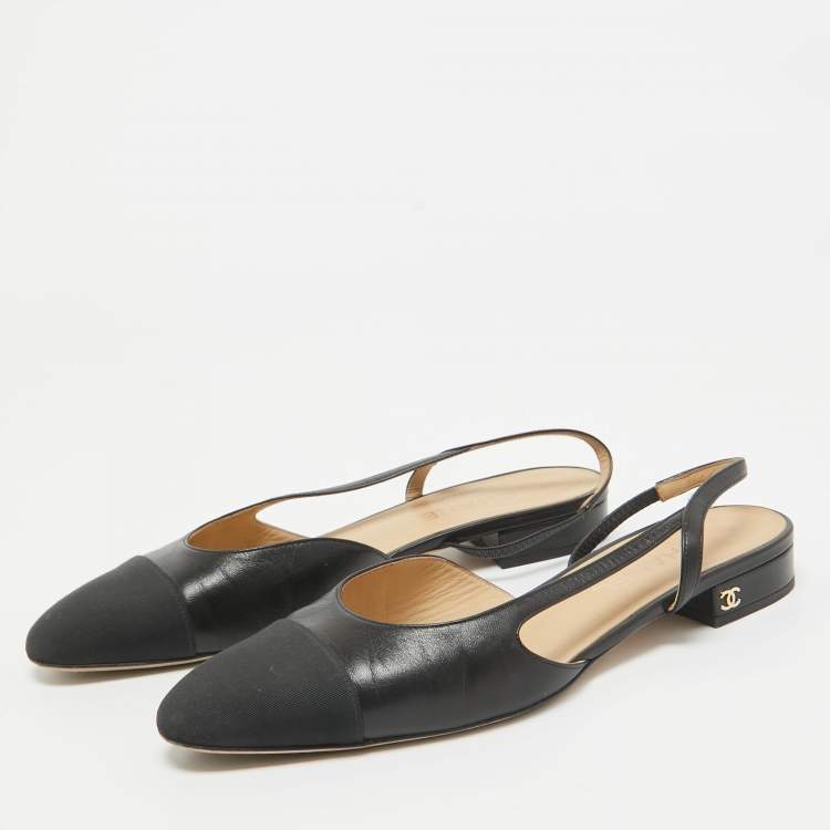 Pre Owned Chanel Black Leather and Grosgrain Cap Toe Slingback Flats Size 40.5