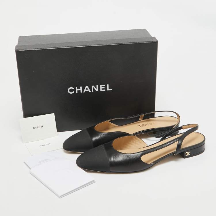 Pre Owned Chanel Black Leather and Grosgrain Cap Toe Slingback Flats Size 40.5