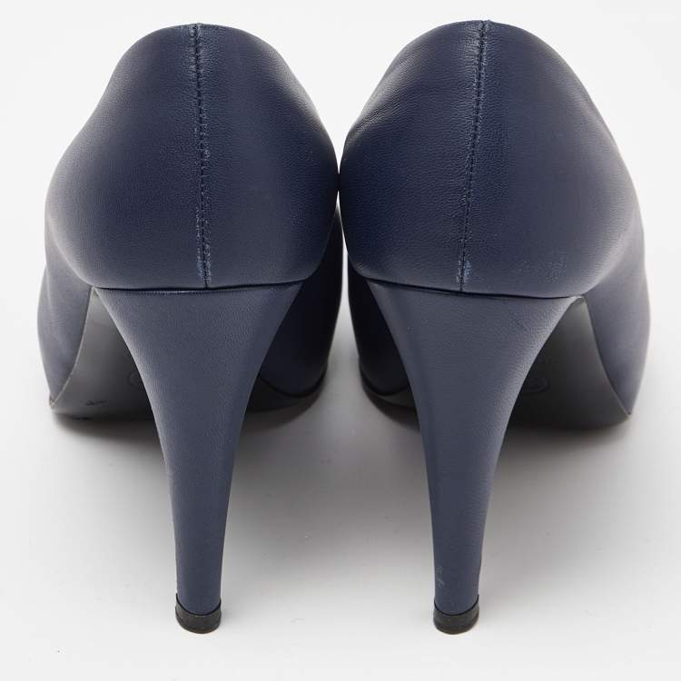 Pre Owned Chanel Blue Leather Camelia CC Platform Pumps Size 38