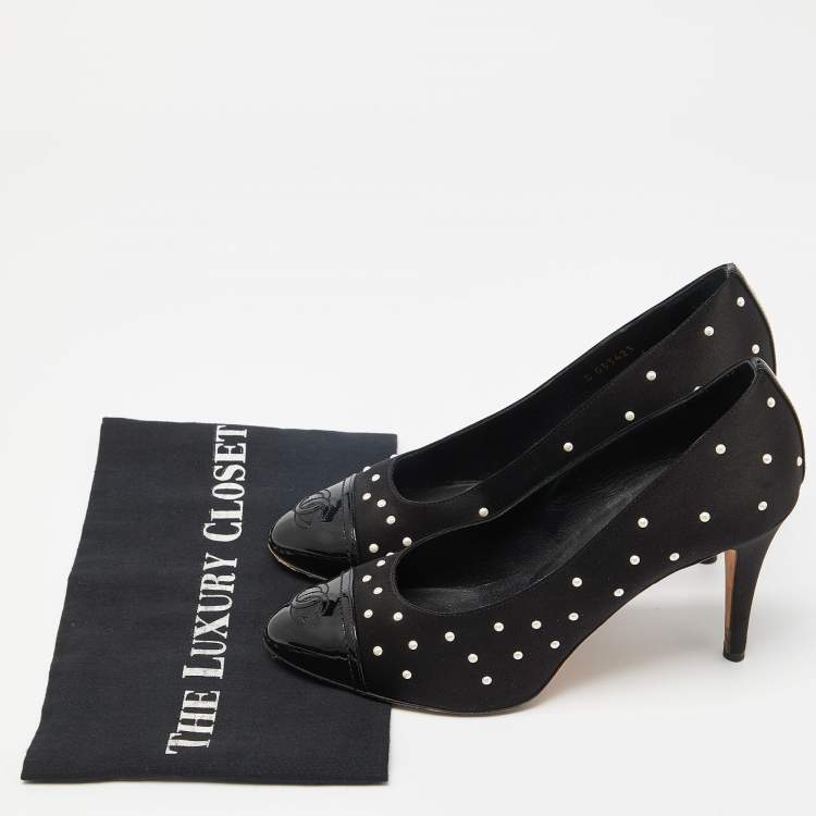 Pre Owned Chanel Black Satin and Patent Leather Pearl Embellished Cap Toe Pumps Size 39