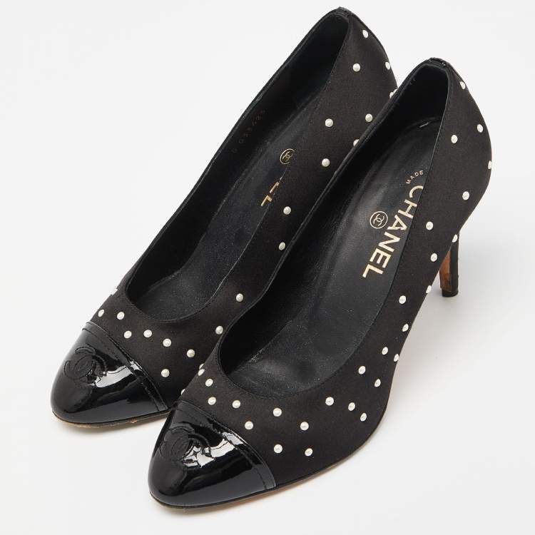 Pre Owned Chanel Black Satin and Patent Leather Pearl Embellished Cap Toe Pumps Size 39