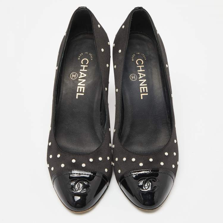 Pre Owned Chanel Black Satin and Patent Leather Pearl Embellished Cap Toe Pumps Size 39