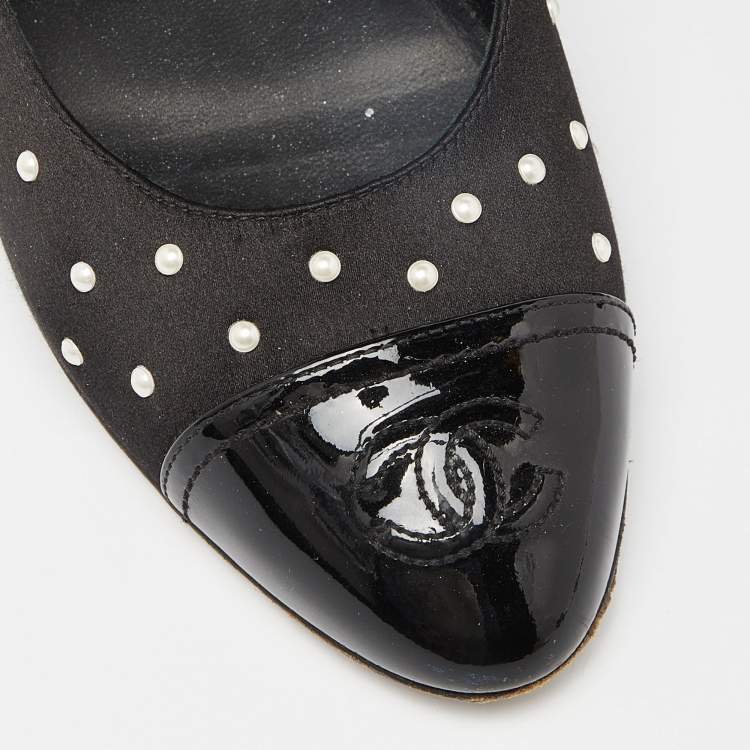 Pre Owned Chanel Black Satin and Patent Leather Pearl Embellished Cap Toe Pumps Size 39