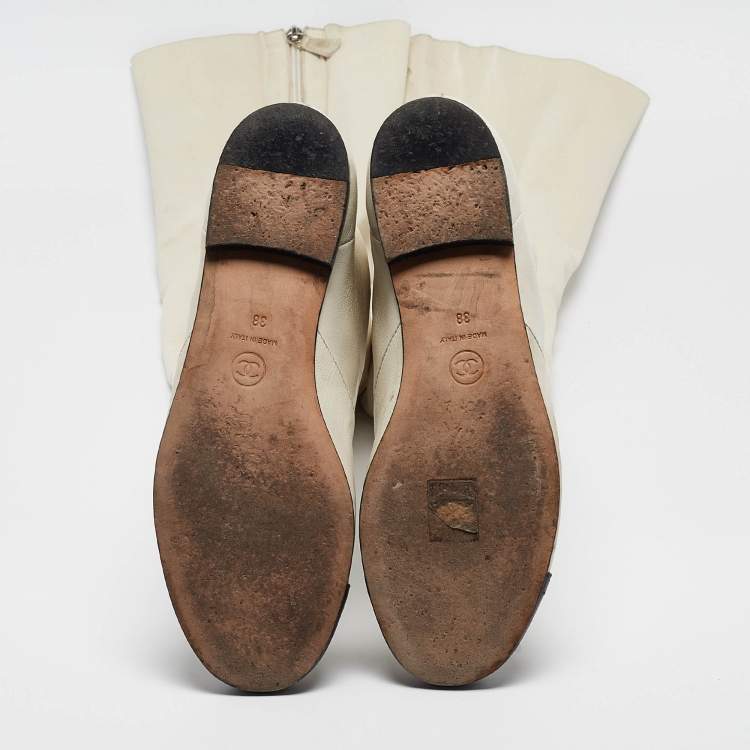 Pre Owned Chanel Cream/Black Leather  Over The Knee Length Boots Size 38