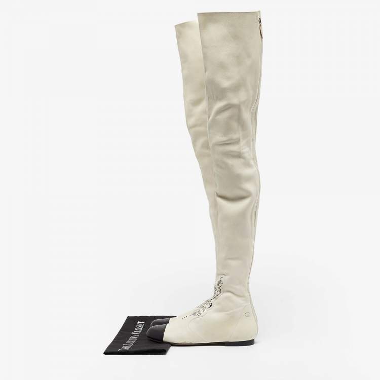 Pre Owned Chanel Cream/Black Leather  Over The Knee Length Boots Size 38