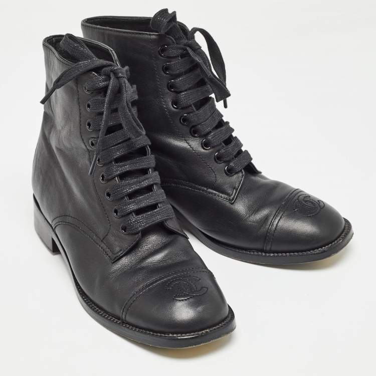 Pre Owned Chanel Black Leather CC Cap Toe Ankle Boots Size 35
