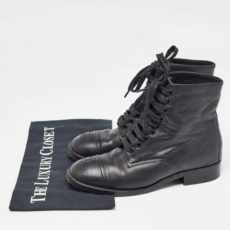 Pre Owned Chanel Black Leather CC Cap Toe Ankle Boots Size 35