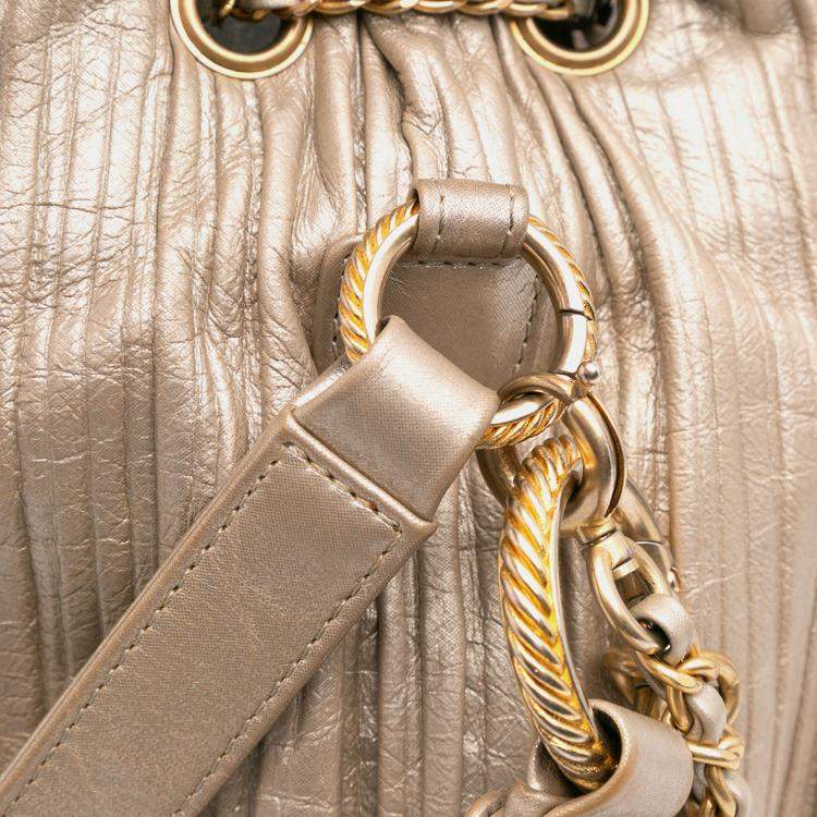 Pre Owned Chanel Gold Small Metallic Calfskin Coco Pleats Drawstring Backpack
