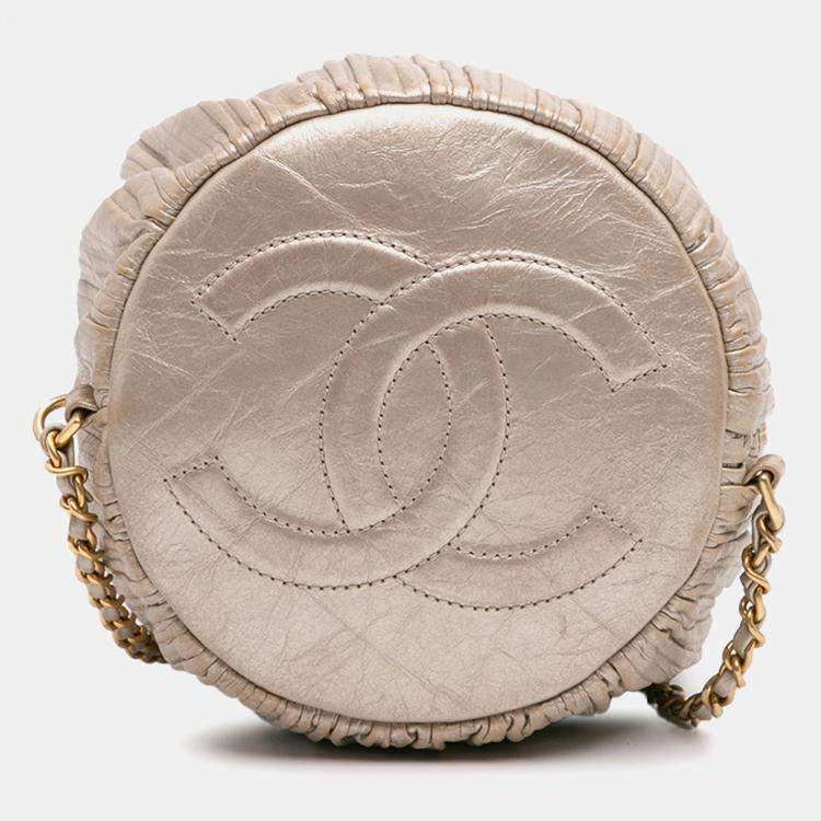 Pre Owned Chanel Gold Small Metallic Calfskin Coco Pleats Drawstring Backpack