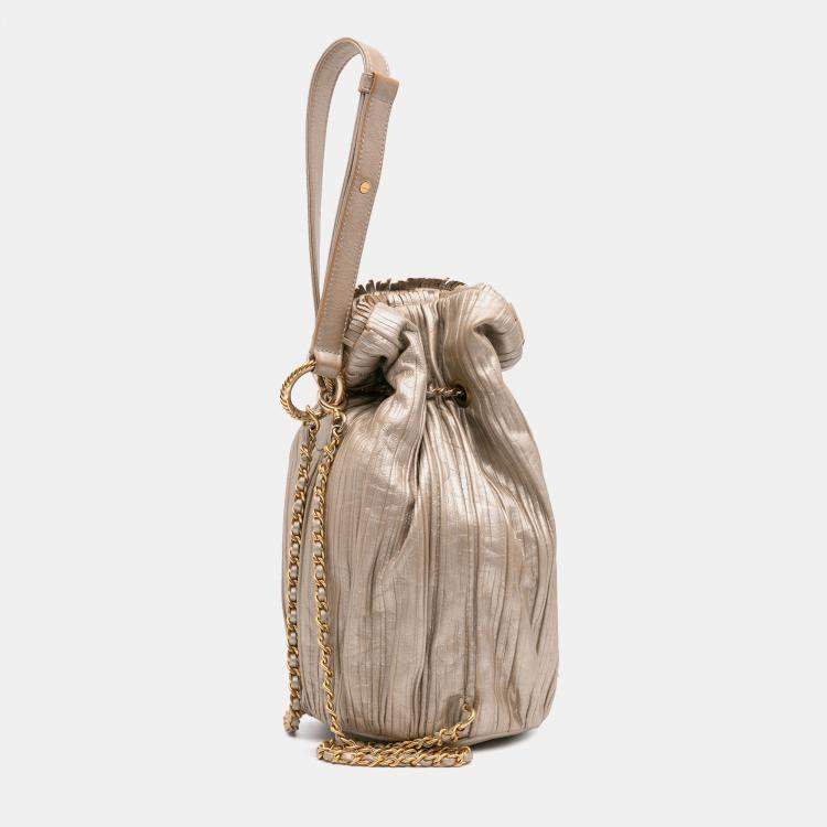 Pre Owned Chanel Gold Small Metallic Calfskin Coco Pleats Drawstring Backpack