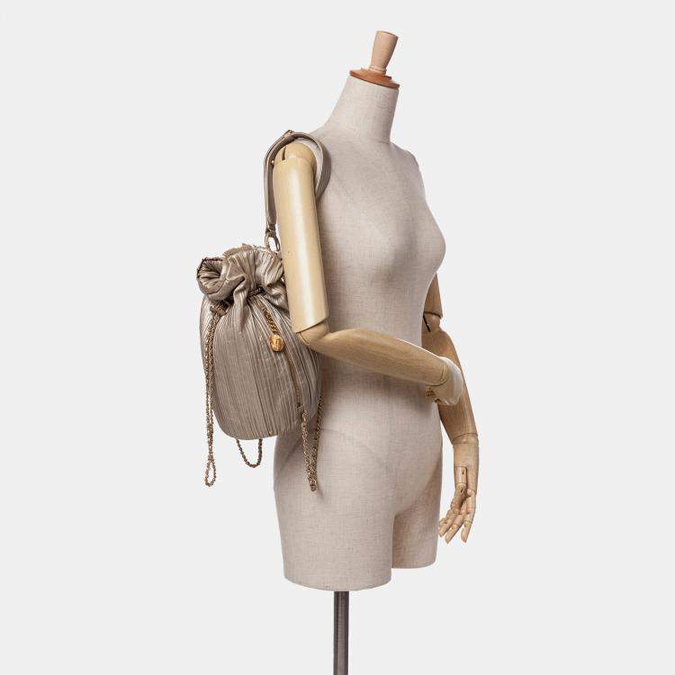 Pre Owned Chanel Gold Small Metallic Calfskin Coco Pleats Drawstring Backpack