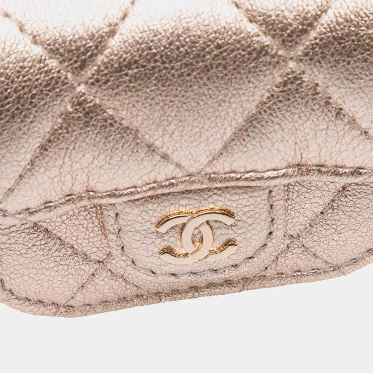 Pre Owned Chanel Gold Metallic Quilted Lambskin Round Clip On Coin Purse Airpods Case