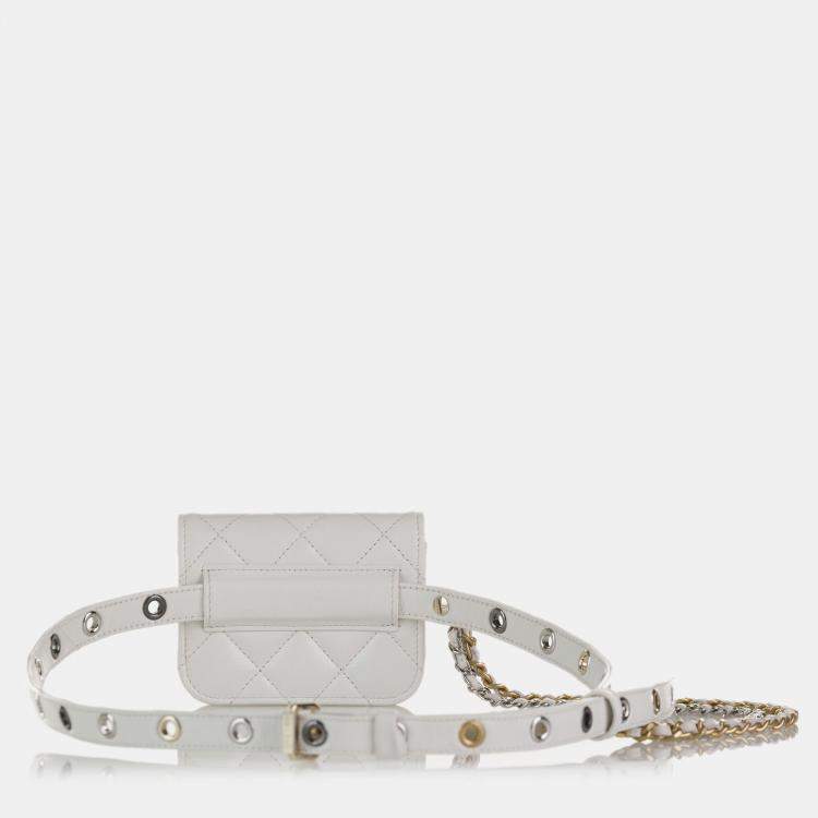 Pre Owned Chanel White Lambskin Leather Punk Chain Belt Bag