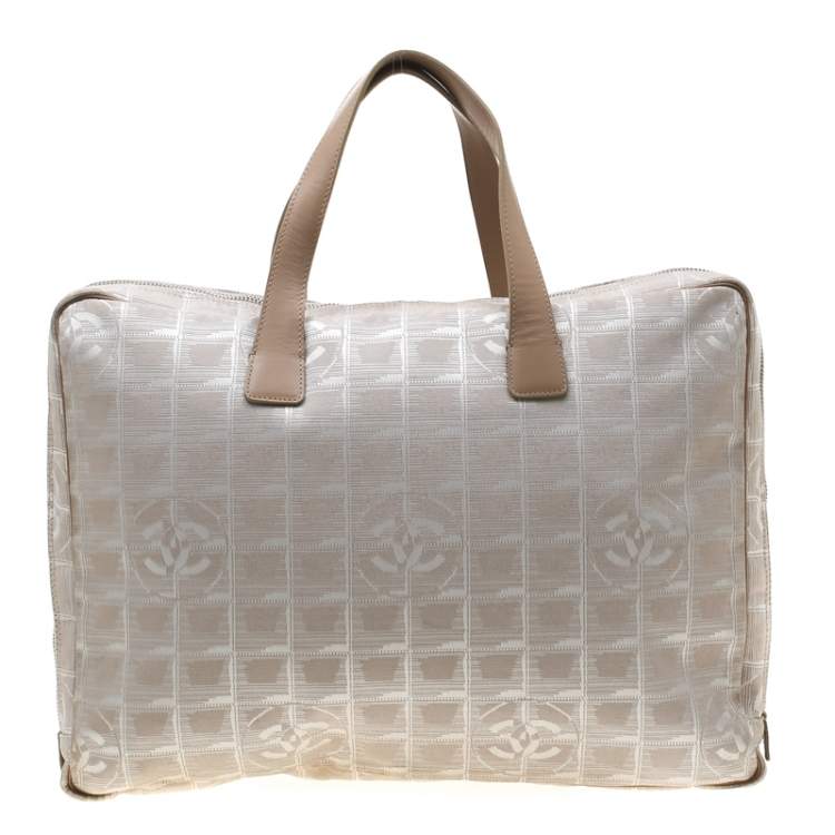 Pre Owned Chanel Beige Jacquard Travel Ligne Laptop Bag