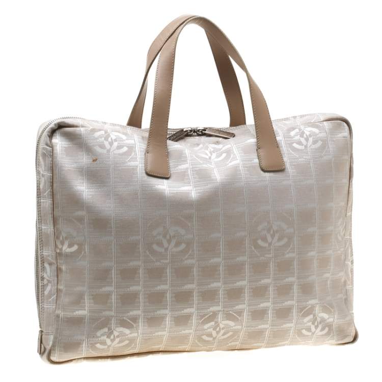 Pre Owned Chanel Beige Jacquard Travel Ligne Laptop Bag
