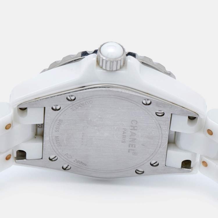 Pre Owned Chanel White Ceramic Stainless Steel Diamond J12 H0967 Women's Wristwatch 33 mm