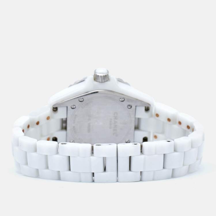 Pre Owned Chanel White Ceramic Stainless Steel Diamond J12 H0967 Women's Wristwatch 33 mm
