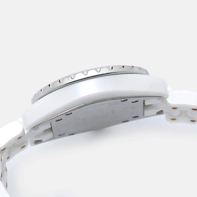 Pre Owned Chanel White Ceramic Stainless Steel Diamond J12 H0967 Women's Wristwatch 33 mm