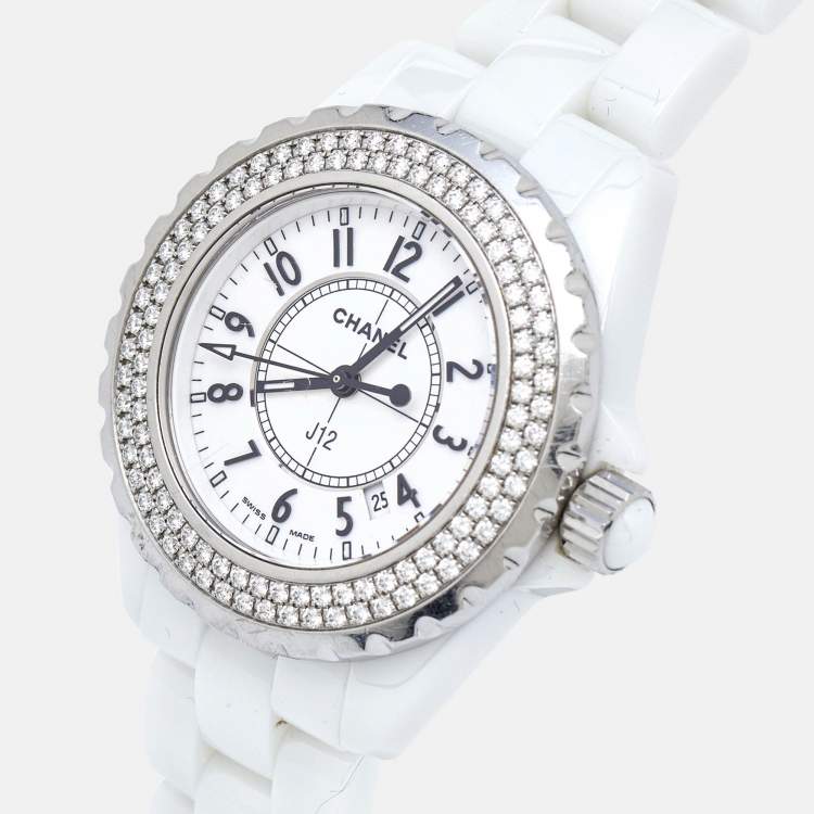 Pre Owned Chanel White Ceramic Stainless Steel Diamond J12 H0967 Women's Wristwatch 33 mm