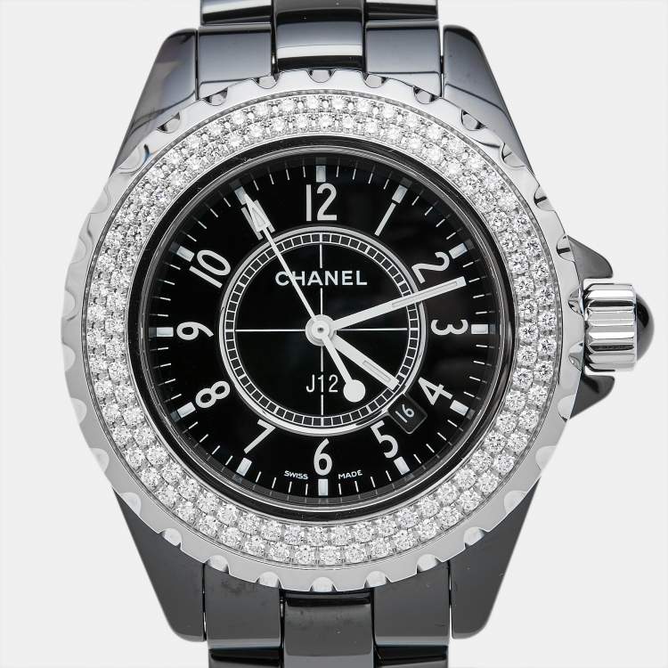 Pre Owned Chanel Black Ceramic Stainless Steel Diamond J12 H0949 Women's Wristwatch 33 mm
