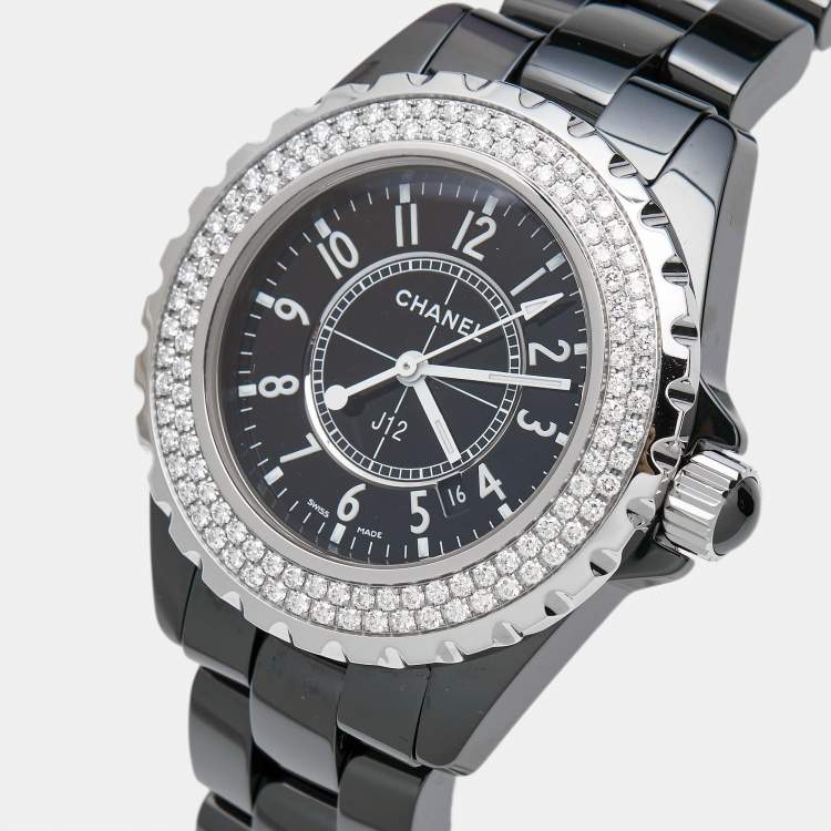 Pre Owned Chanel Black Ceramic Stainless Steel Diamond J12 H0949 Women's Wristwatch 33 mm