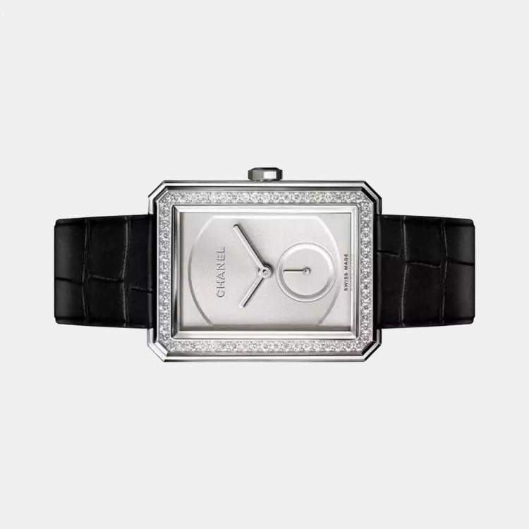 Pre Owned Chanel Silver 18k White Gold Boy-Friend H4472 Manual Winding Women's Wristwatch 28.6 mm x 37 mm