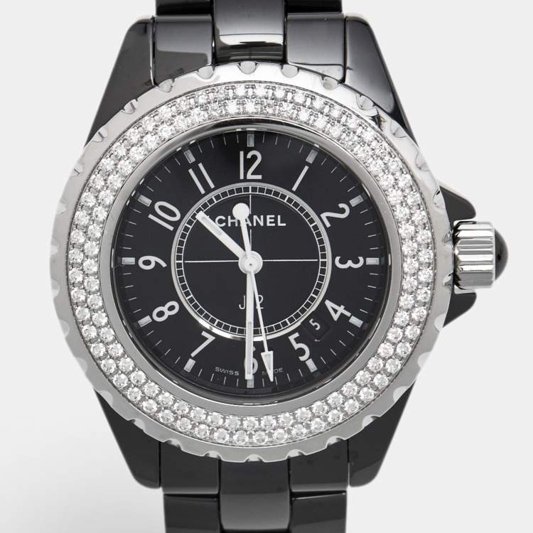 Pre Owned Chanel Black Ceramic Stainless Steel Diamond J12 H0949 Women's Wristwatch 33 mm