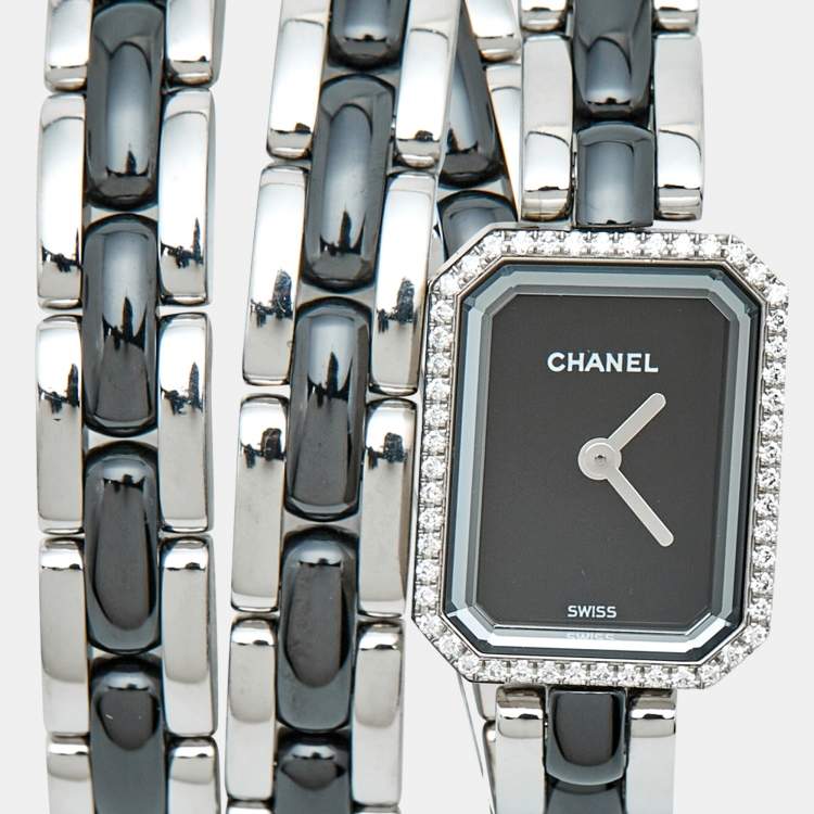 Pre Owned Chanel Premiere H3058 Black Dial Ceramic Stainless Steel Diamond Women's Wristwatch 15 mm
